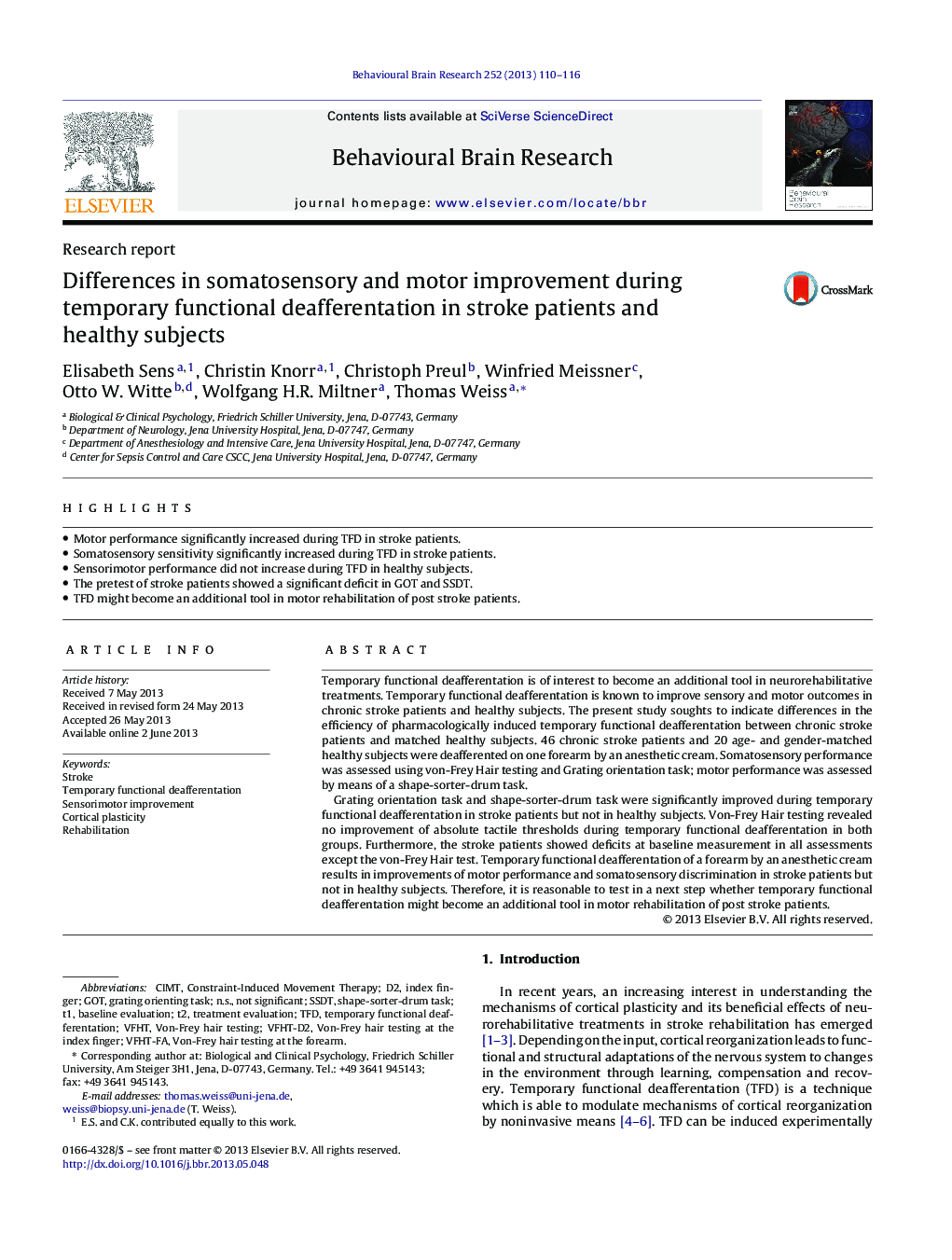 Differences in somatosensory and motor improvement during temporary functional deafferentation in stroke patients and healthy subjects