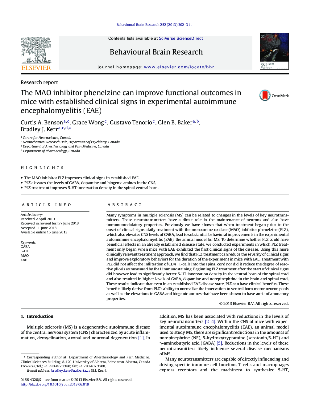 The MAO inhibitor phenelzine can improve functional outcomes in mice with established clinical signs in experimental autoimmune encephalomyelitis (EAE)