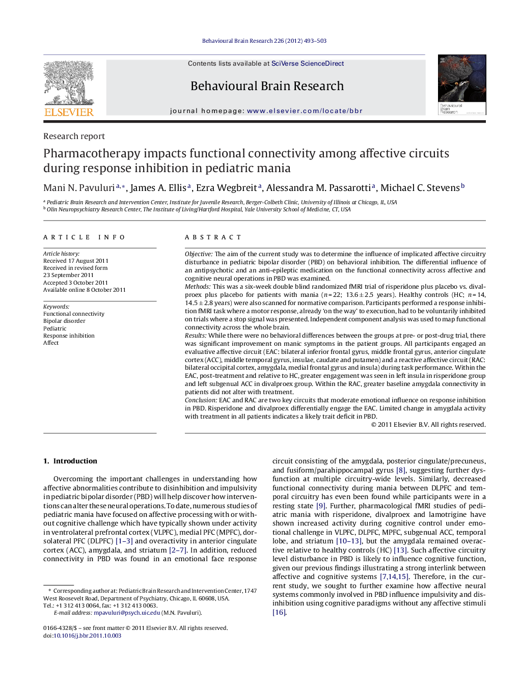 Pharmacotherapy impacts functional connectivity among affective circuits during response inhibition in pediatric mania