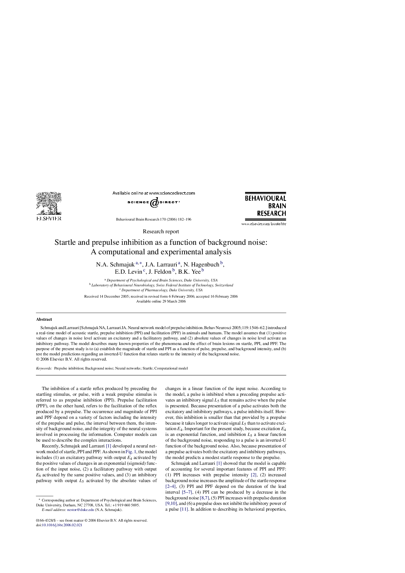 Startle and prepulse inhibition as a function of background noise: A computational and experimental analysis