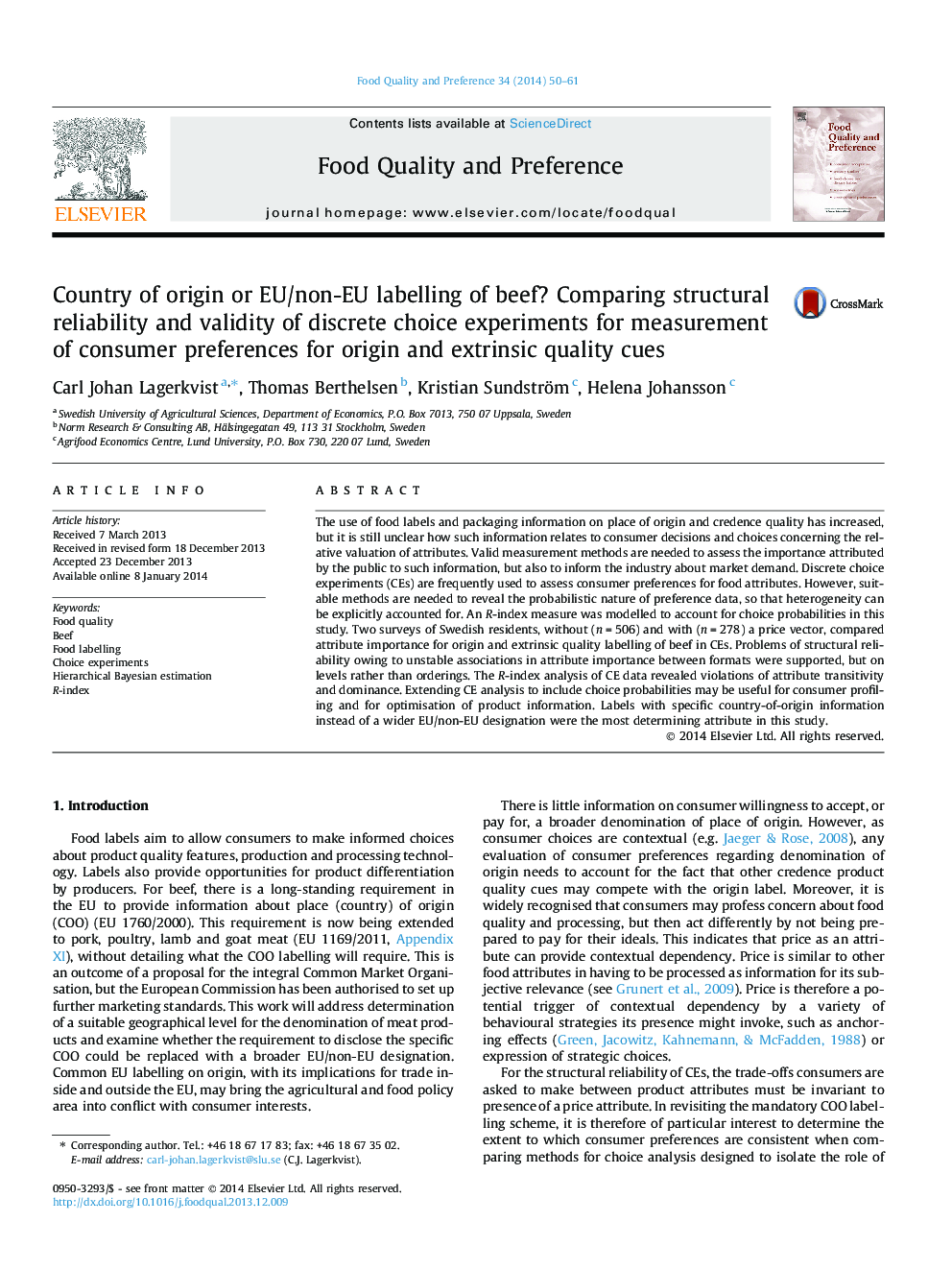 Country of origin or EU/non-EU labelling of beef? Comparing structural reliability and validity of discrete choice experiments for measurement of consumer preferences for origin and extrinsic quality cues