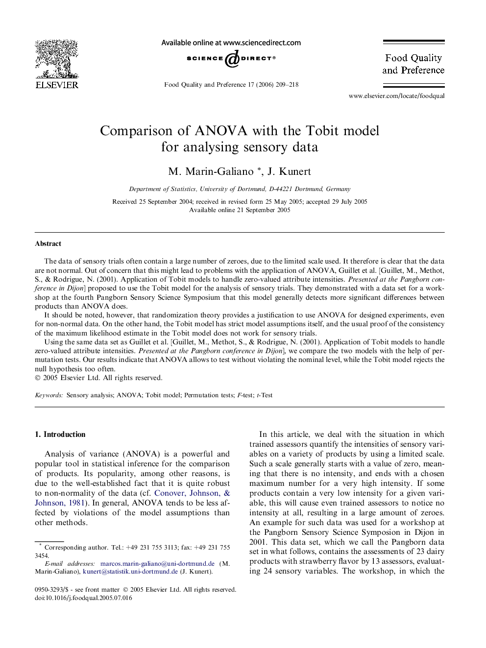 Comparison of ANOVA with the Tobit model for analysing sensory data