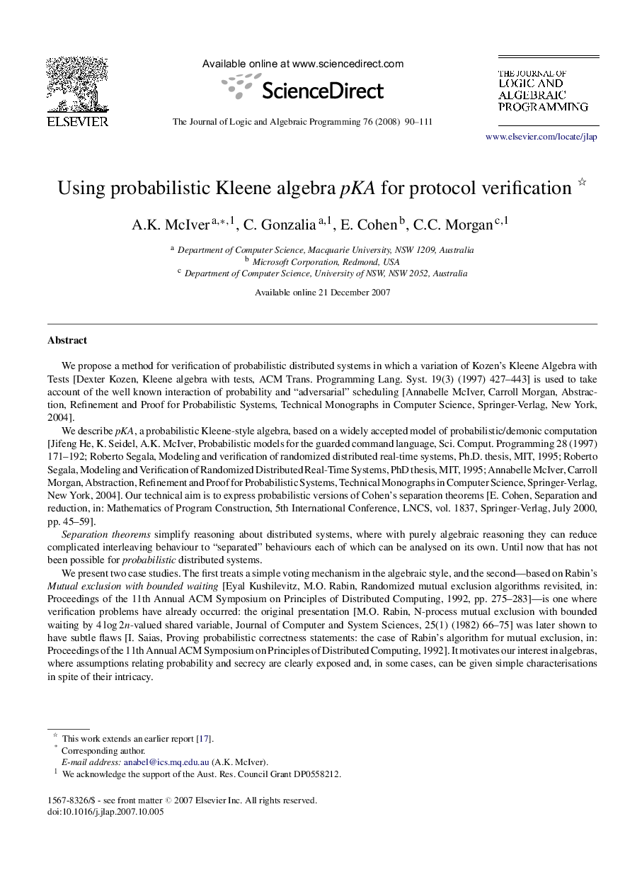 Using probabilistic Kleene algebra pKA for protocol verification 