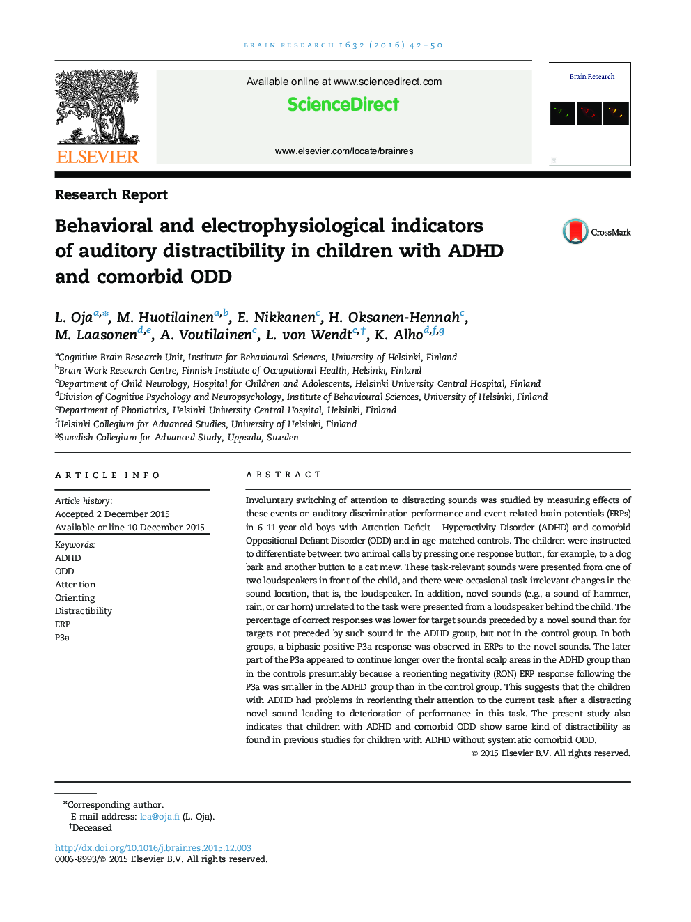 Behavioral and electrophysiological indicators of auditory distractibility in children with ADHD and comorbid ODD