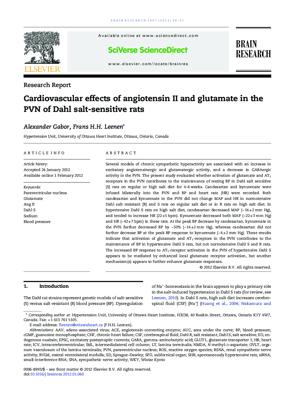 Cardiovascular effects of angiotensin II and glutamate in the PVN of Dahl salt-sensitive rats