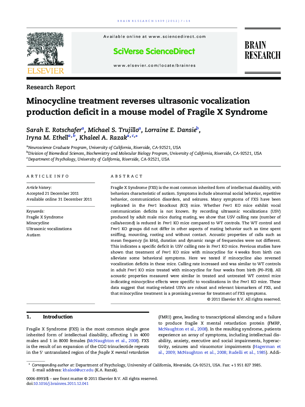 Minocycline treatment reverses ultrasonic vocalization production deficit in a mouse model of Fragile X Syndrome