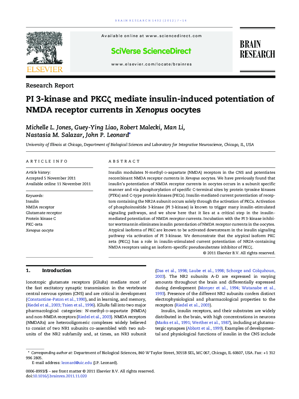 PI 3-kinase and PKCζ mediate insulin-induced potentiation of NMDA receptor currents in Xenopus oocytes