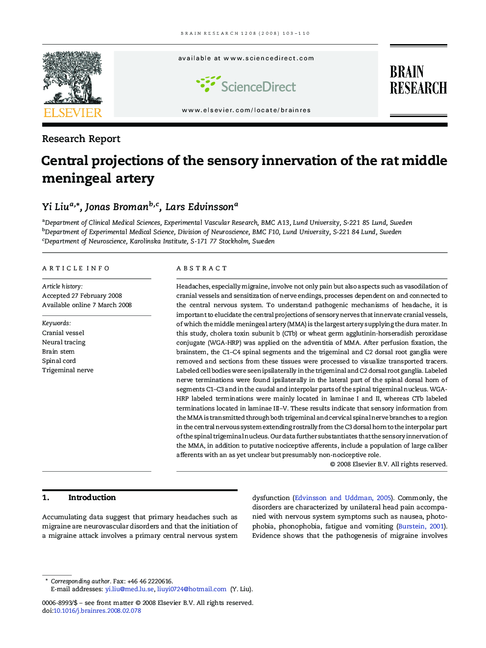 Central projections of the sensory innervation of the rat middle meningeal artery