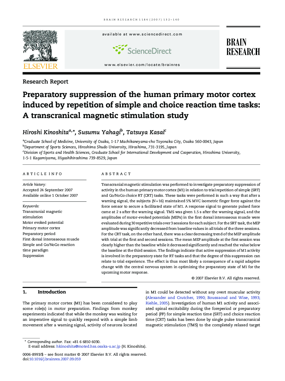 Preparatory suppression of the human primary motor cortex induced by repetition of simple and choice reaction time tasks: A transcranical magnetic stimulation study