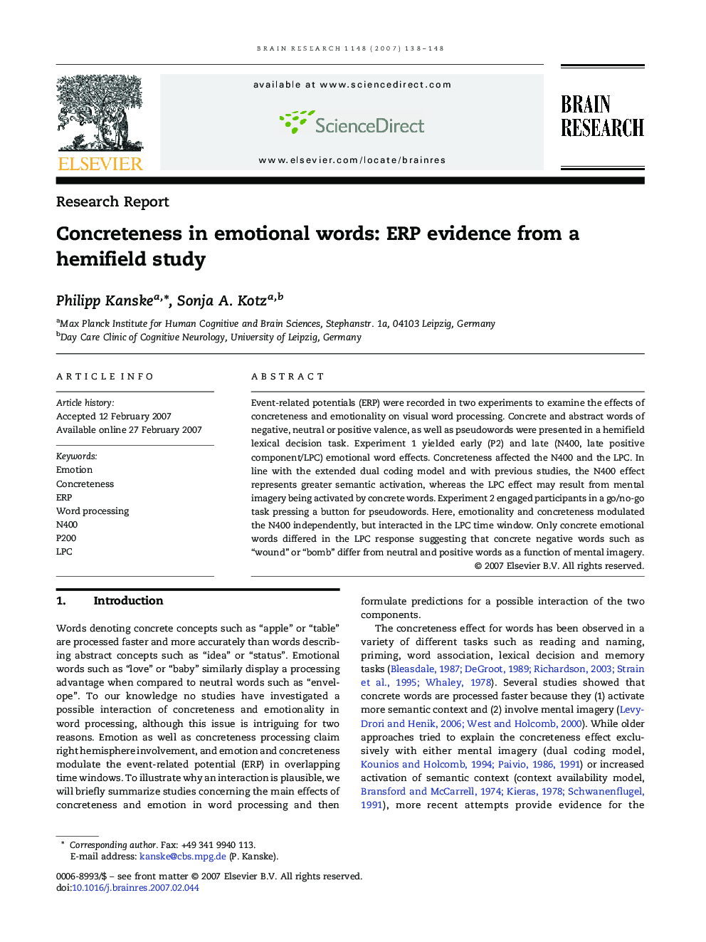 Concreteness in emotional words: ERP evidence from a hemifield study