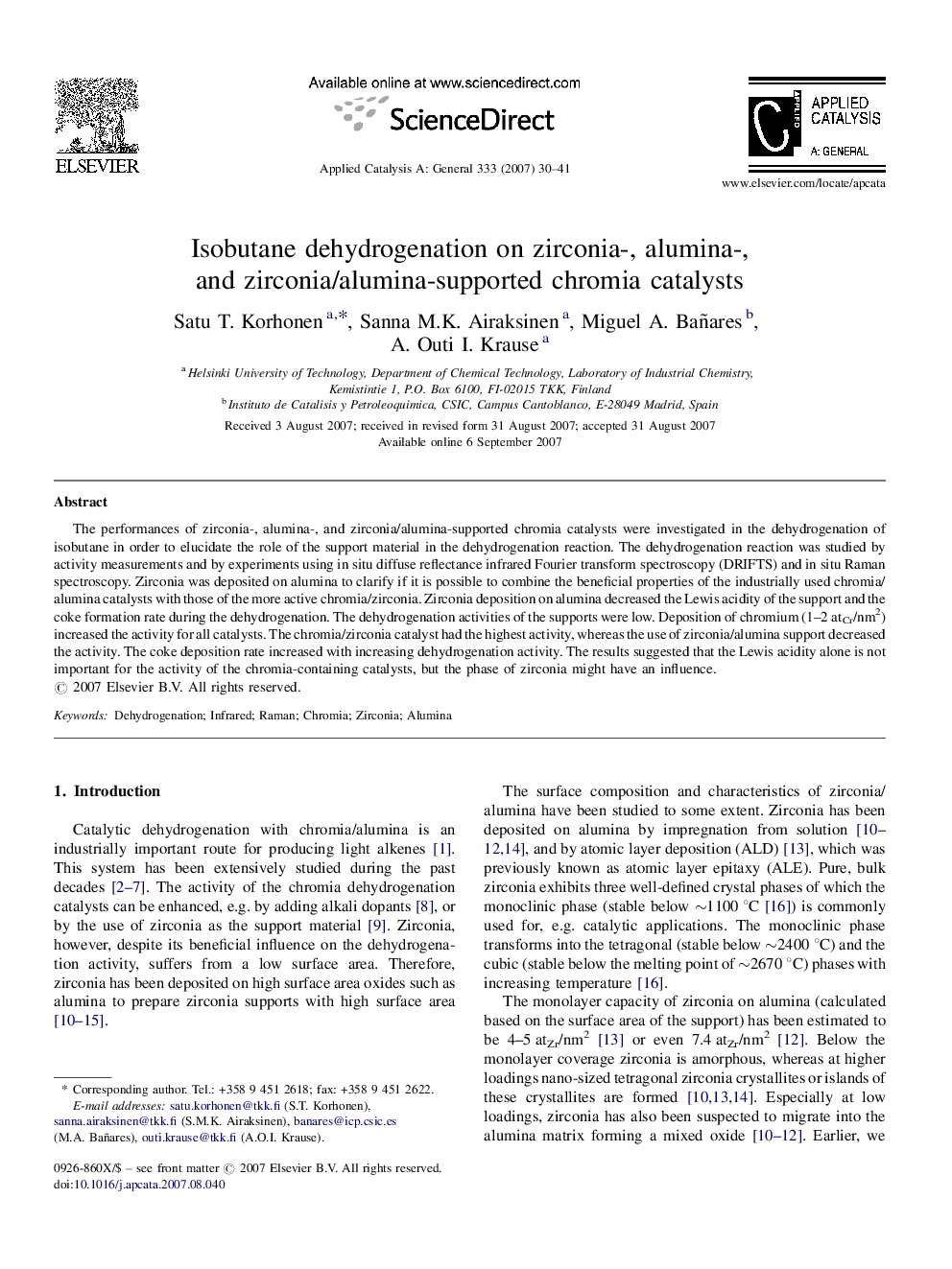 Isobutane dehydrogenation on zirconia-, alumina-, and zirconia/alumina-supported chromia catalysts