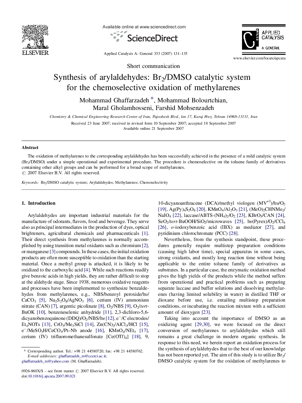 Synthesis of arylaldehydes: Br2/DMSO catalytic system for the chemoselective oxidation of methylarenes