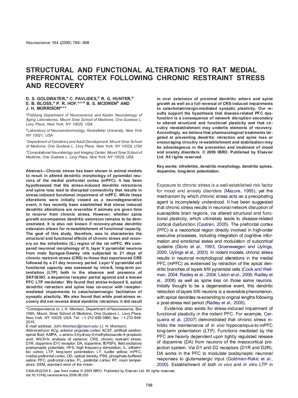 Structural and functional alterations to rat medial prefrontal cortex following chronic restraint stress and recovery