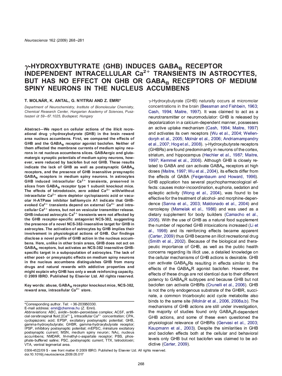 γ-Hydroxybutyrate (GHB) induces GABAB receptor independent intracellular Ca2+ transients in astrocytes, but has no effect on GHB or GABAB receptors of medium spiny neurons in the nucleus accumbens