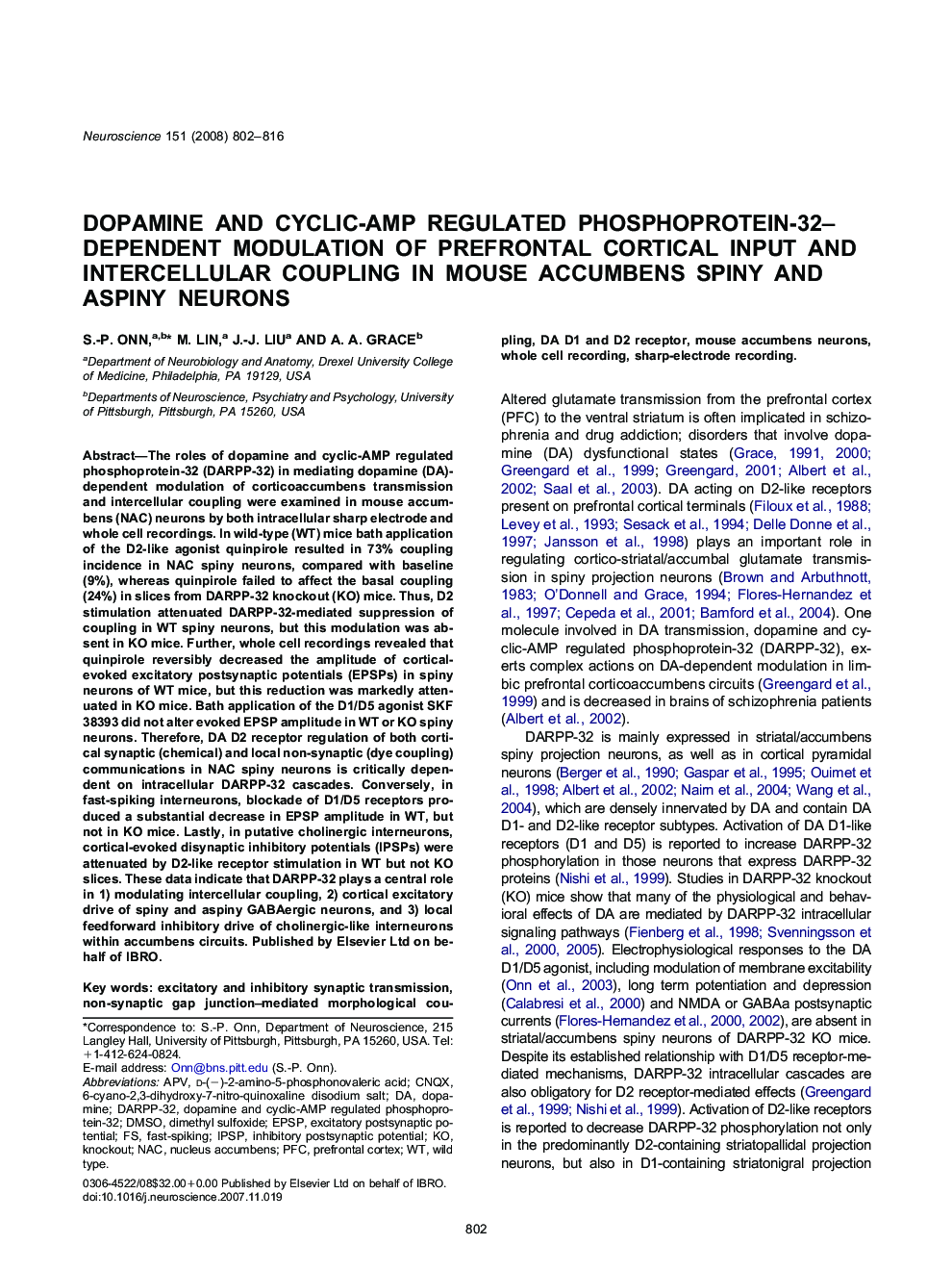 Dopamine and cyclic-AMP regulated phosphoprotein-32-dependent modulation of prefrontal cortical input and intercellular coupling in mouse accumbens spiny and aspiny neurons