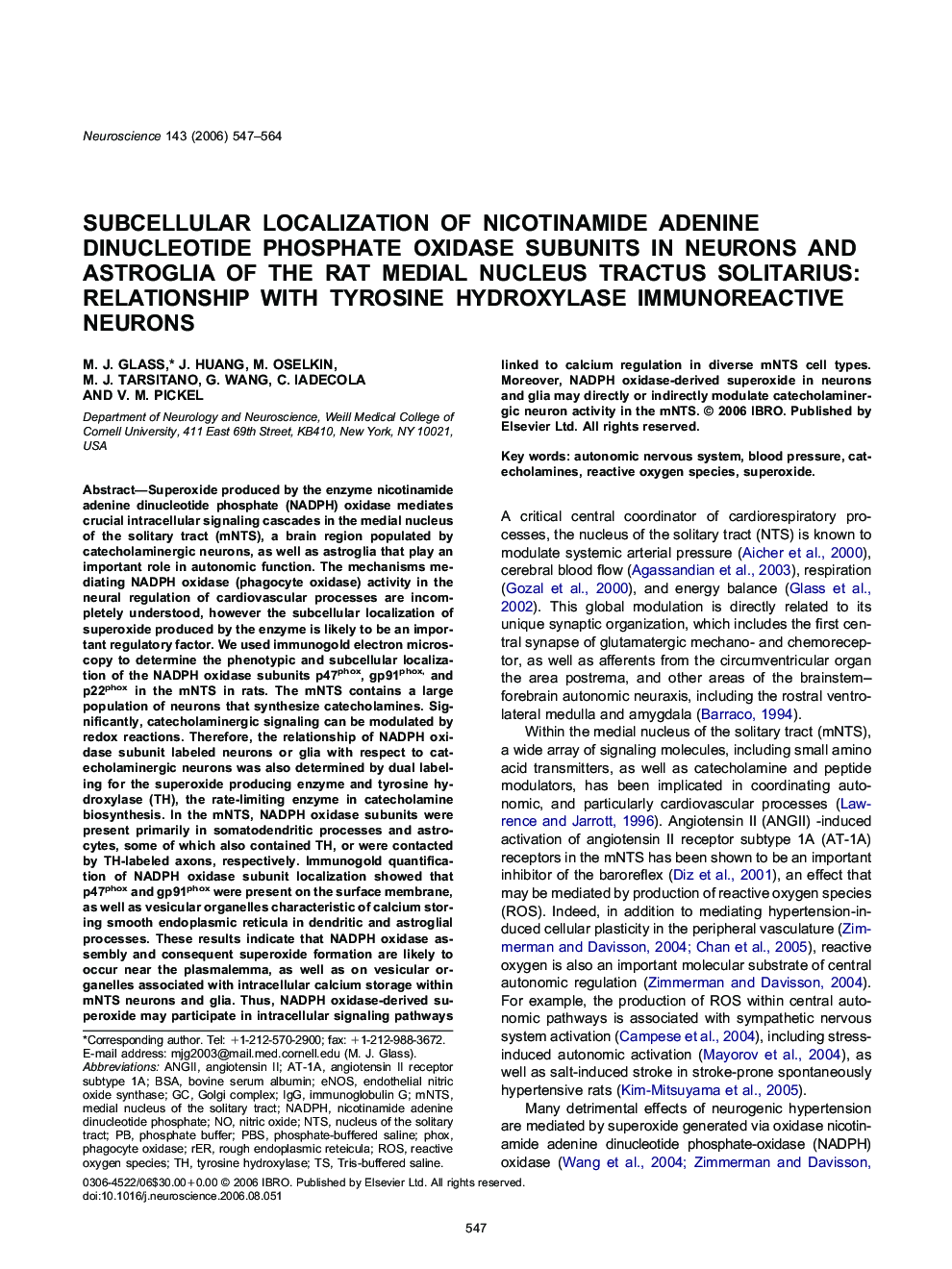 Subcellular localization of nicotinamide adenine dinucleotide phosphate oxidase subunits in neurons and astroglia of the rat medial nucleus tractus solitarius: Relationship with tyrosine hydroxylase immunoreactive neurons
