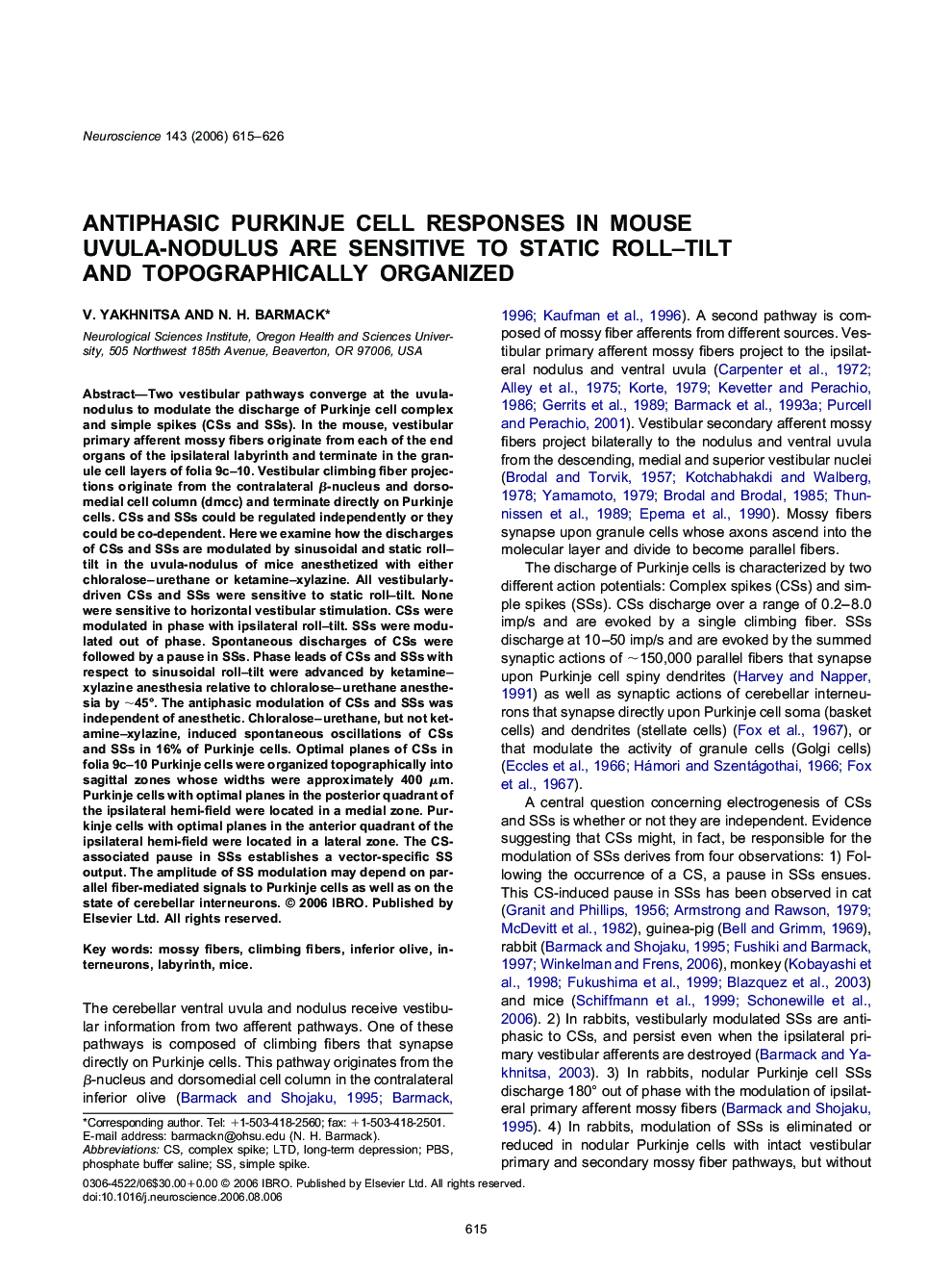 Antiphasic Purkinje cell responses in mouse uvula-nodulus are sensitive to static roll–tilt and topographically organized