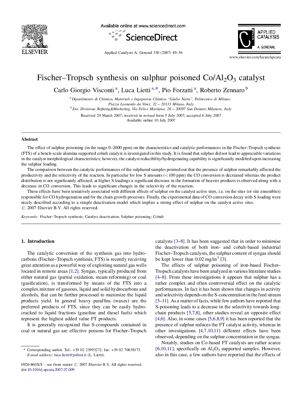 Fischer–Tropsch synthesis on sulphur poisoned Co/Al2O3 catalyst