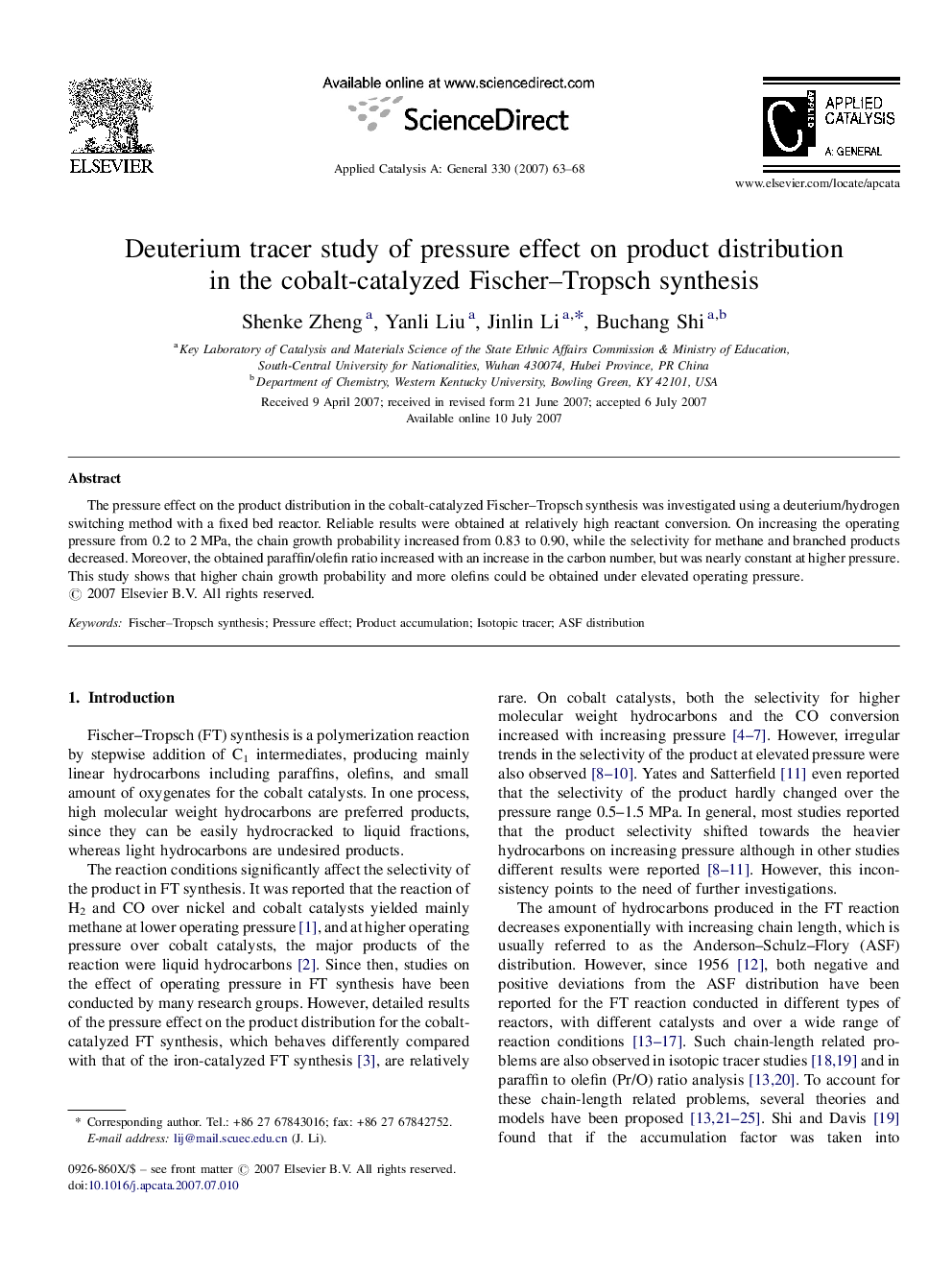 Deuterium tracer study of pressure effect on product distribution in the cobalt-catalyzed Fischer–Tropsch synthesis