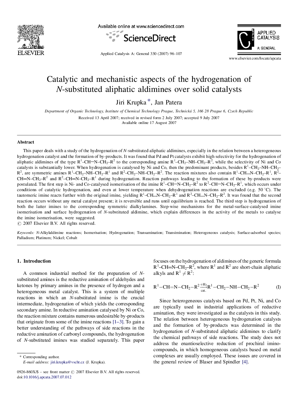 Catalytic and mechanistic aspects of the hydrogenation of N-substituted aliphatic aldimines over solid catalysts