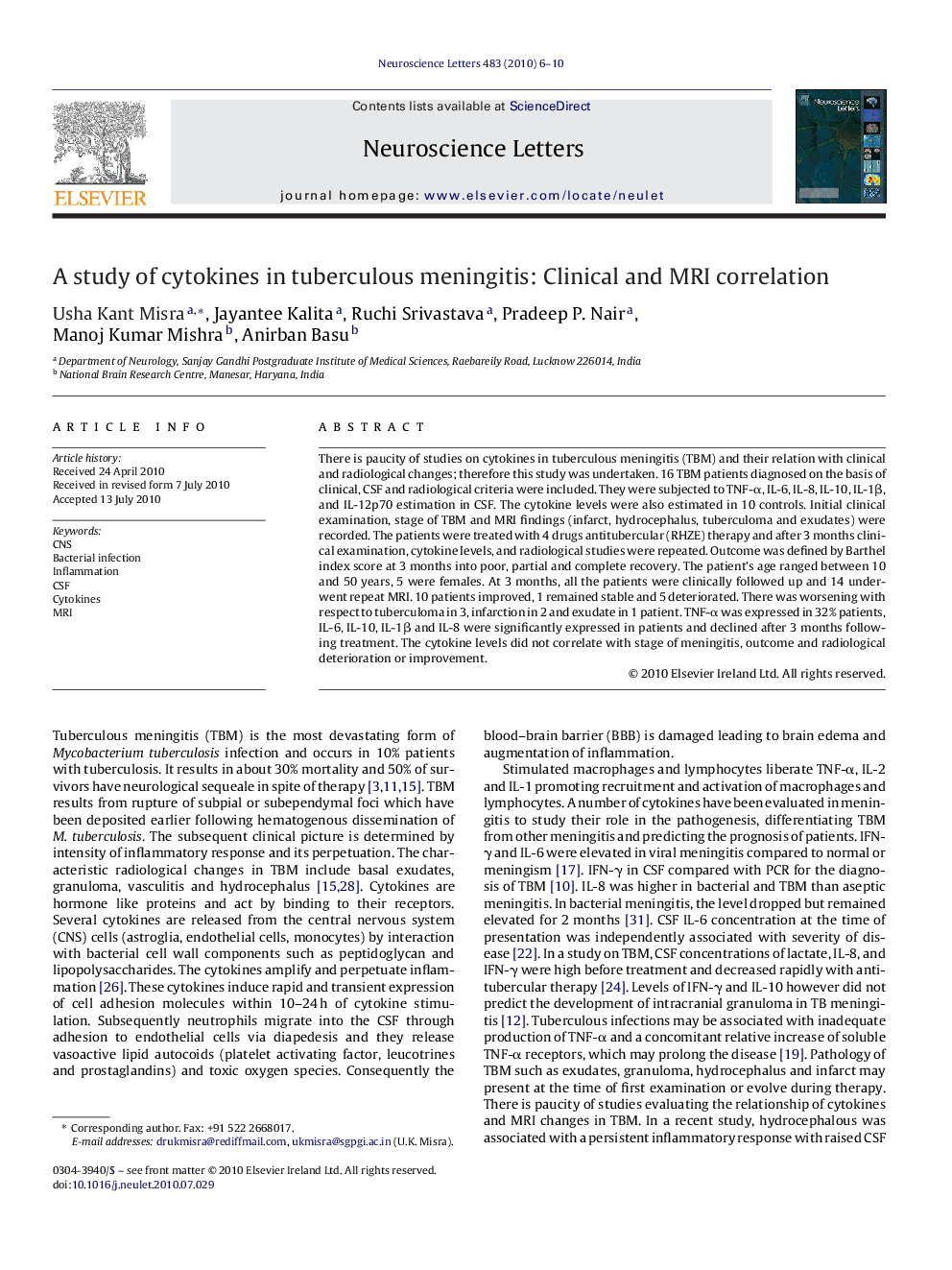 A study of cytokines in tuberculous meningitis: Clinical and MRI correlation