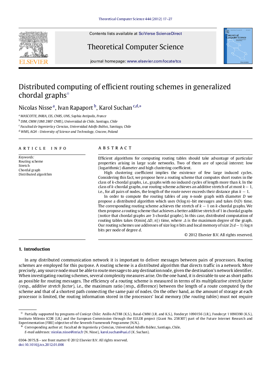 Distributed computing of efficient routing schemes in generalized chordal graphs 