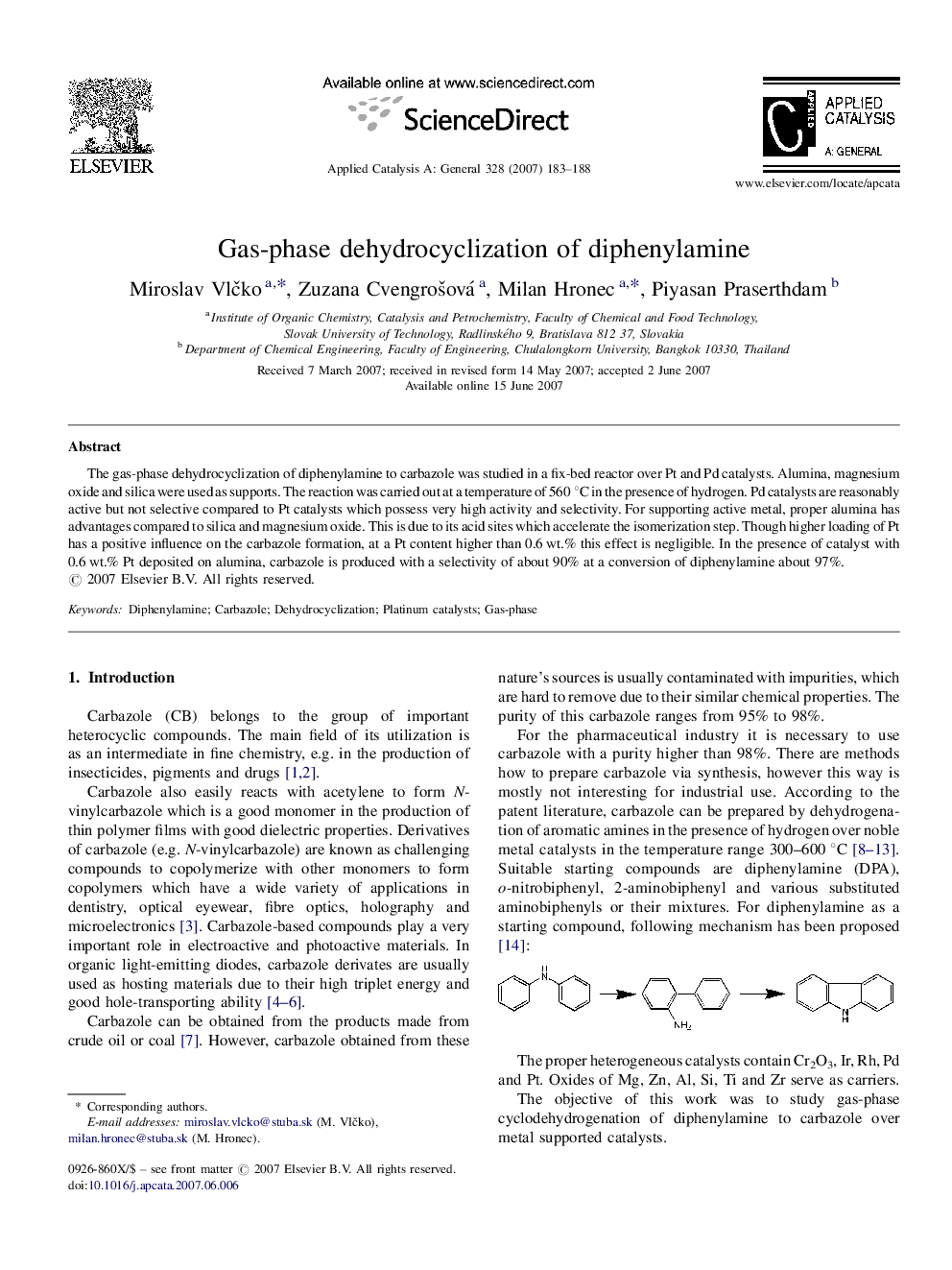 Gas-phase dehydrocyclization of diphenylamine