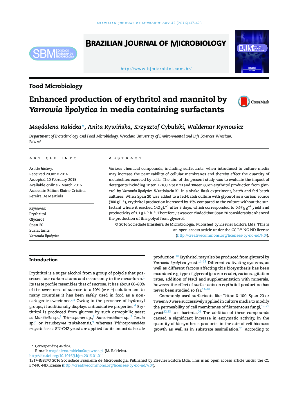 Enhanced production of erythritol and mannitol by Yarrowia lipolytica in media containing surfactants