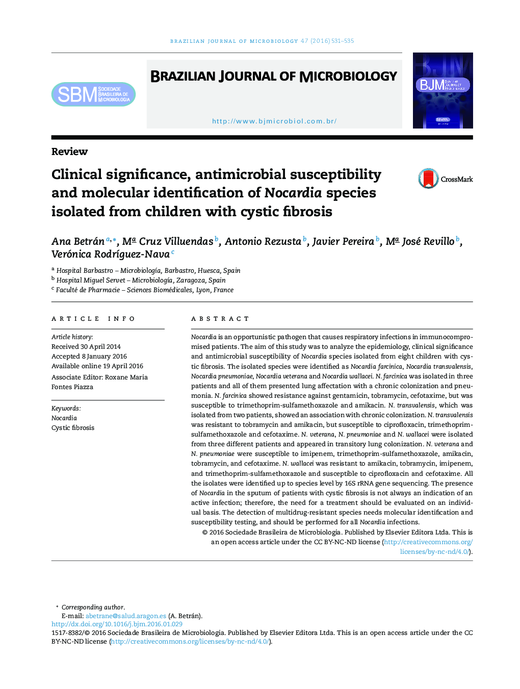 Clinical significance, antimicrobial susceptibility and molecular identification of Nocardia species isolated from children with cystic fibrosis