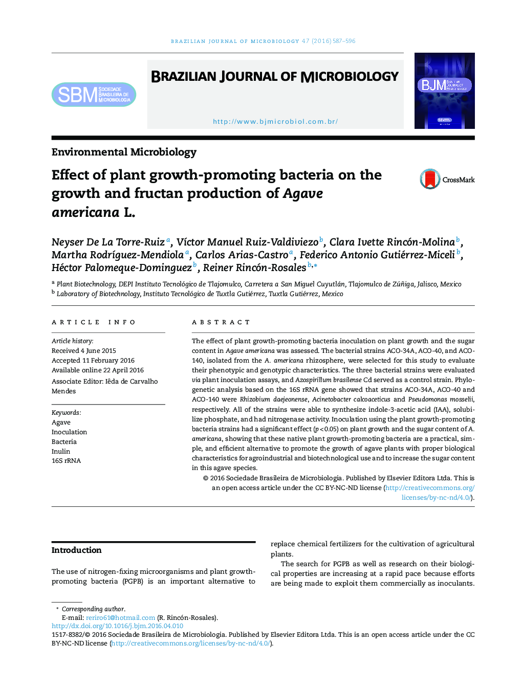 Effect of plant growth-promoting bacteria on the growth and fructan production of Agave americana L.