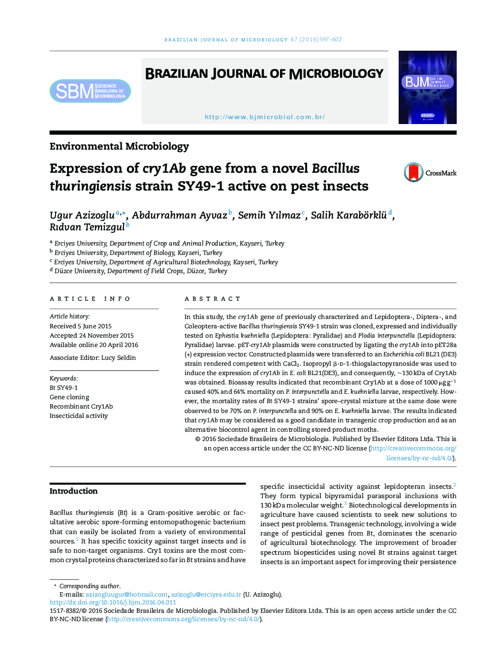 Expression of cry1Ab gene from a novel Bacillus thuringiensis strain SY49-1 active on pest insects