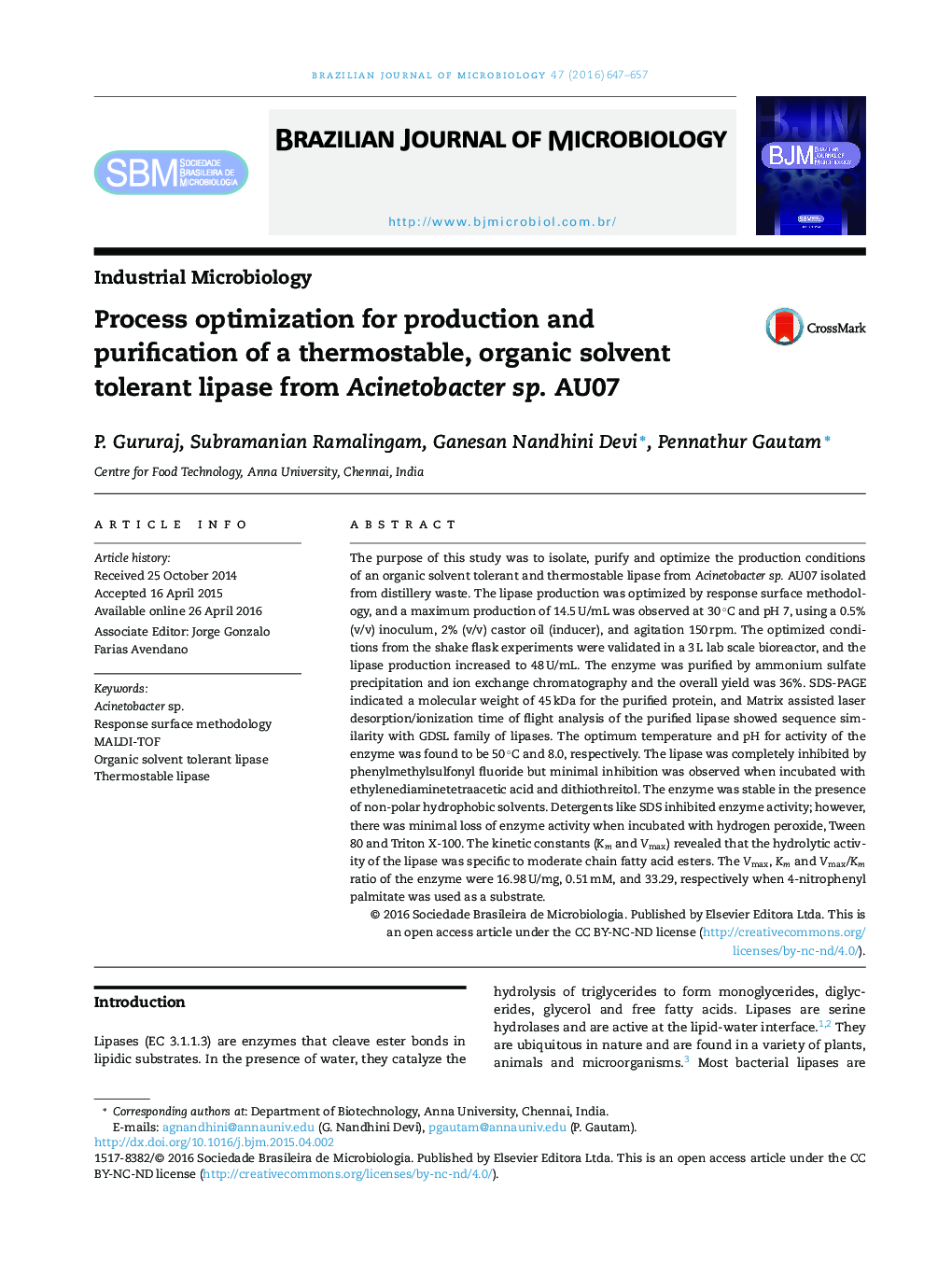 Process optimization for production and purification of a thermostable, organic solvent tolerant lipase from Acinetobacter sp. AU07