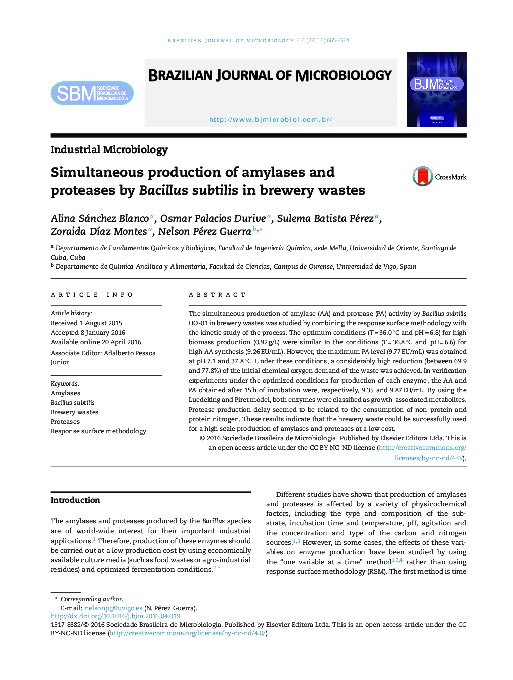 Simultaneous production of amylases and proteases by Bacillus subtilis in brewery wastes