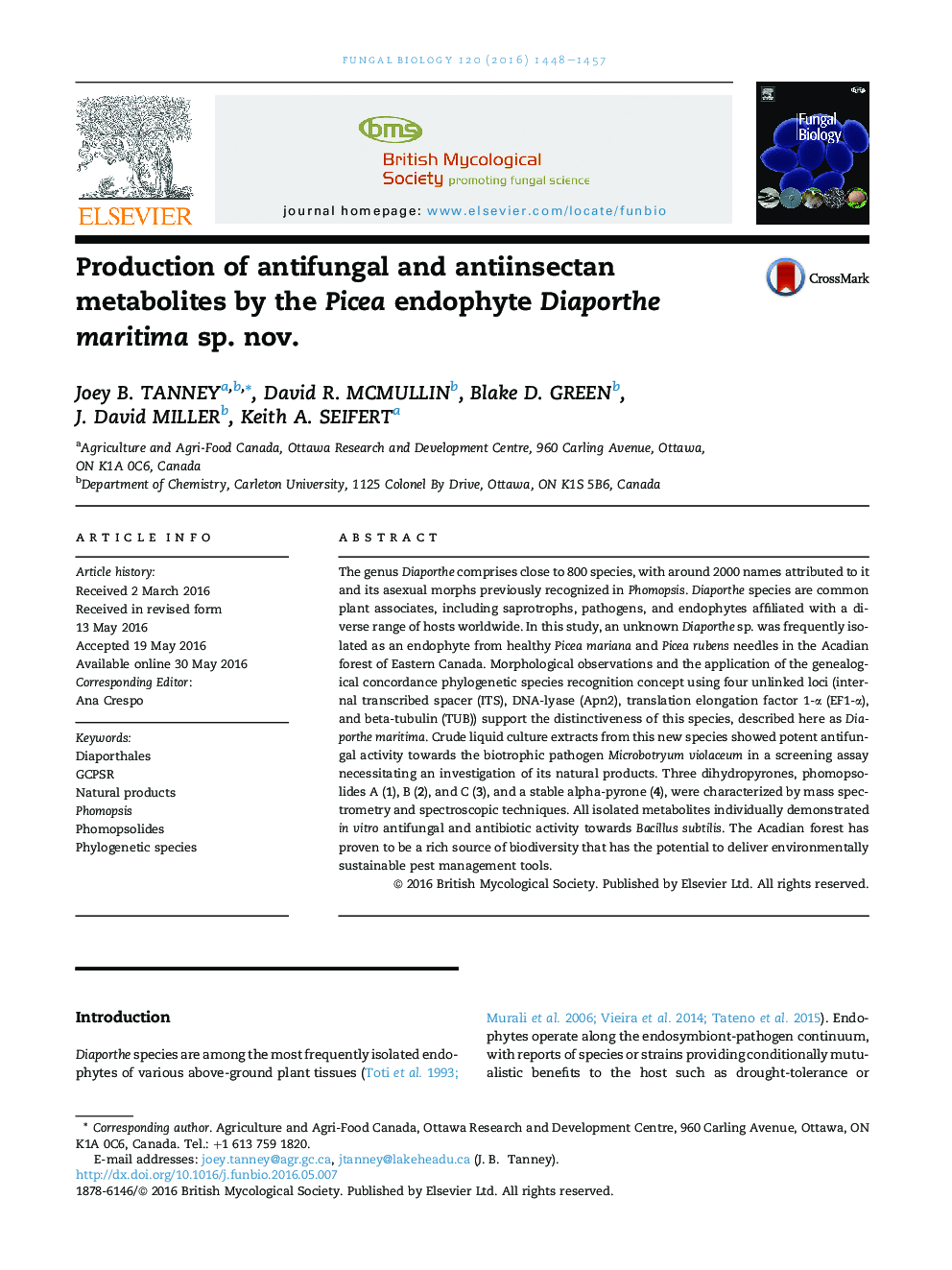 Production of antifungal and antiinsectan metabolites by the Picea endophyte Diaporthe maritima sp. nov.