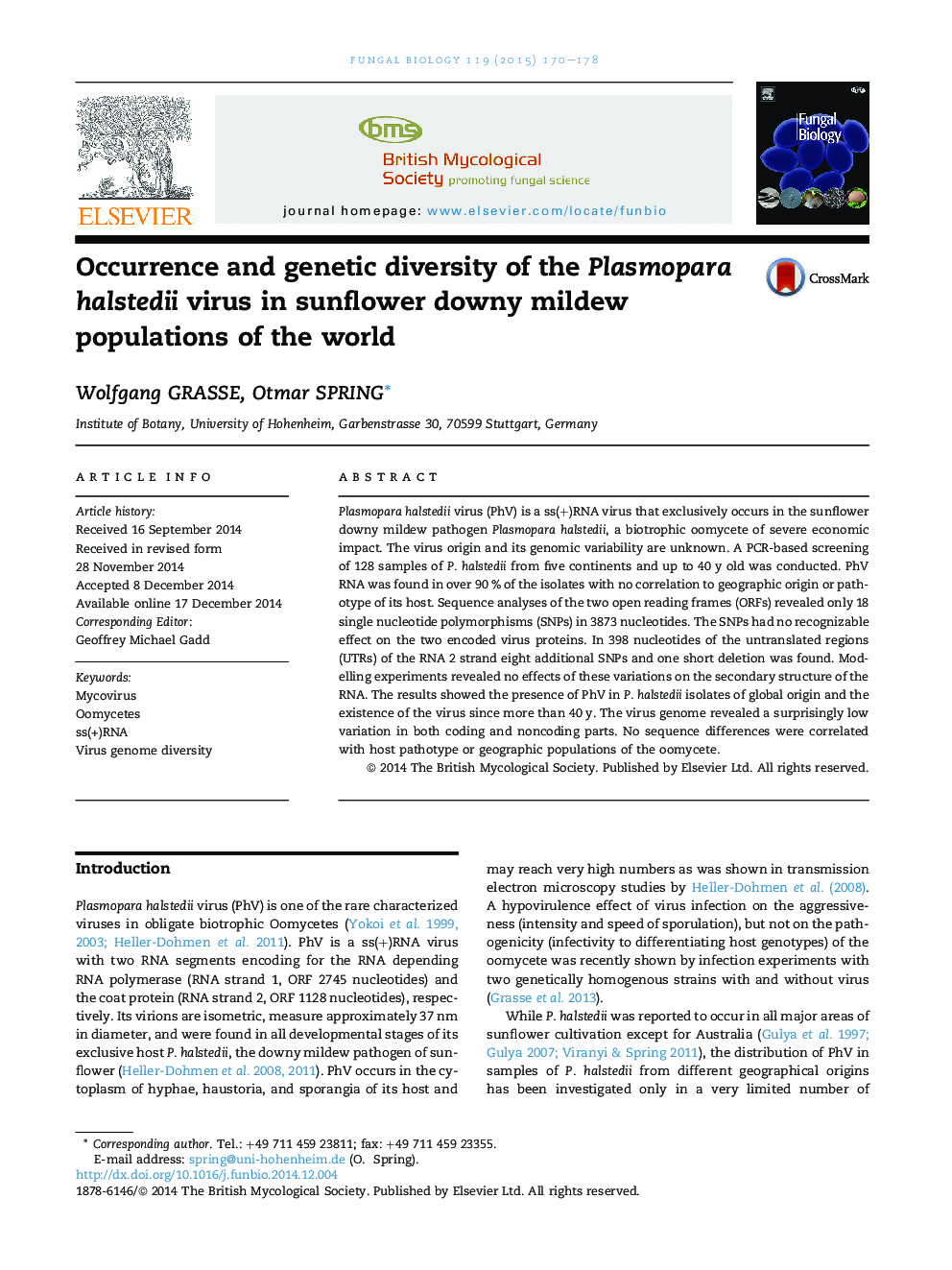 Occurrence and genetic diversity of the Plasmopara halstedii virus in sunflower downy mildew populations of the world