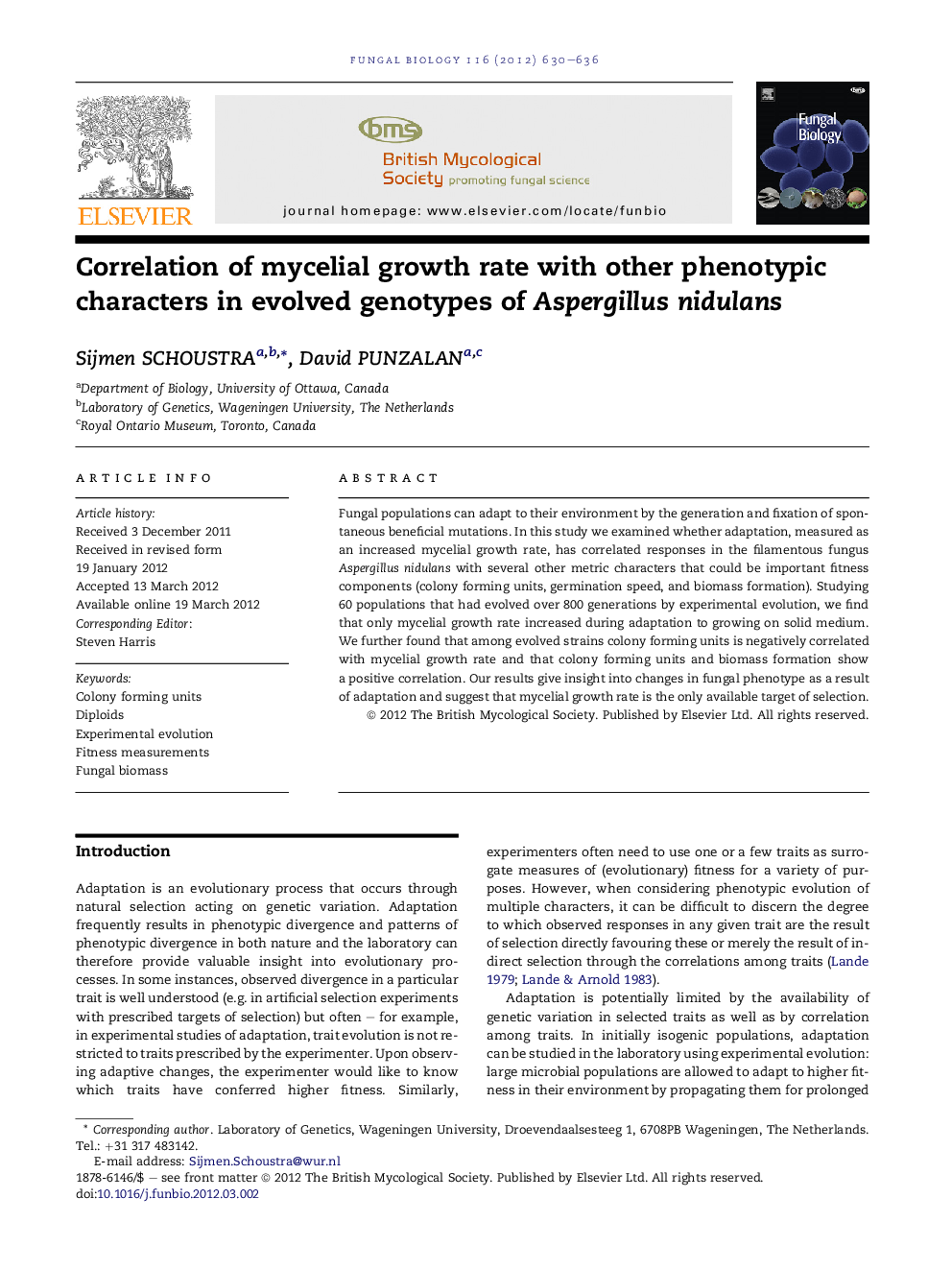 Correlation of mycelial growth rate with other phenotypic characters in evolved genotypes of Aspergillus nidulans