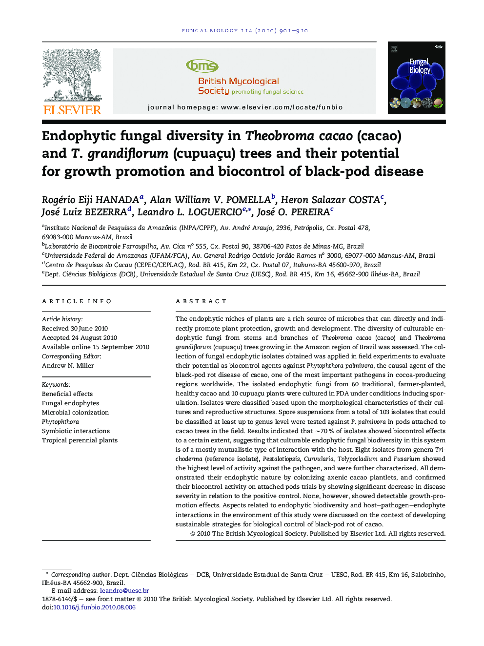 Endophytic fungal diversity in Theobroma cacao (cacao) and T. grandiflorum (cupuaçu) trees and their potential for growth promotion and biocontrol of black-pod disease