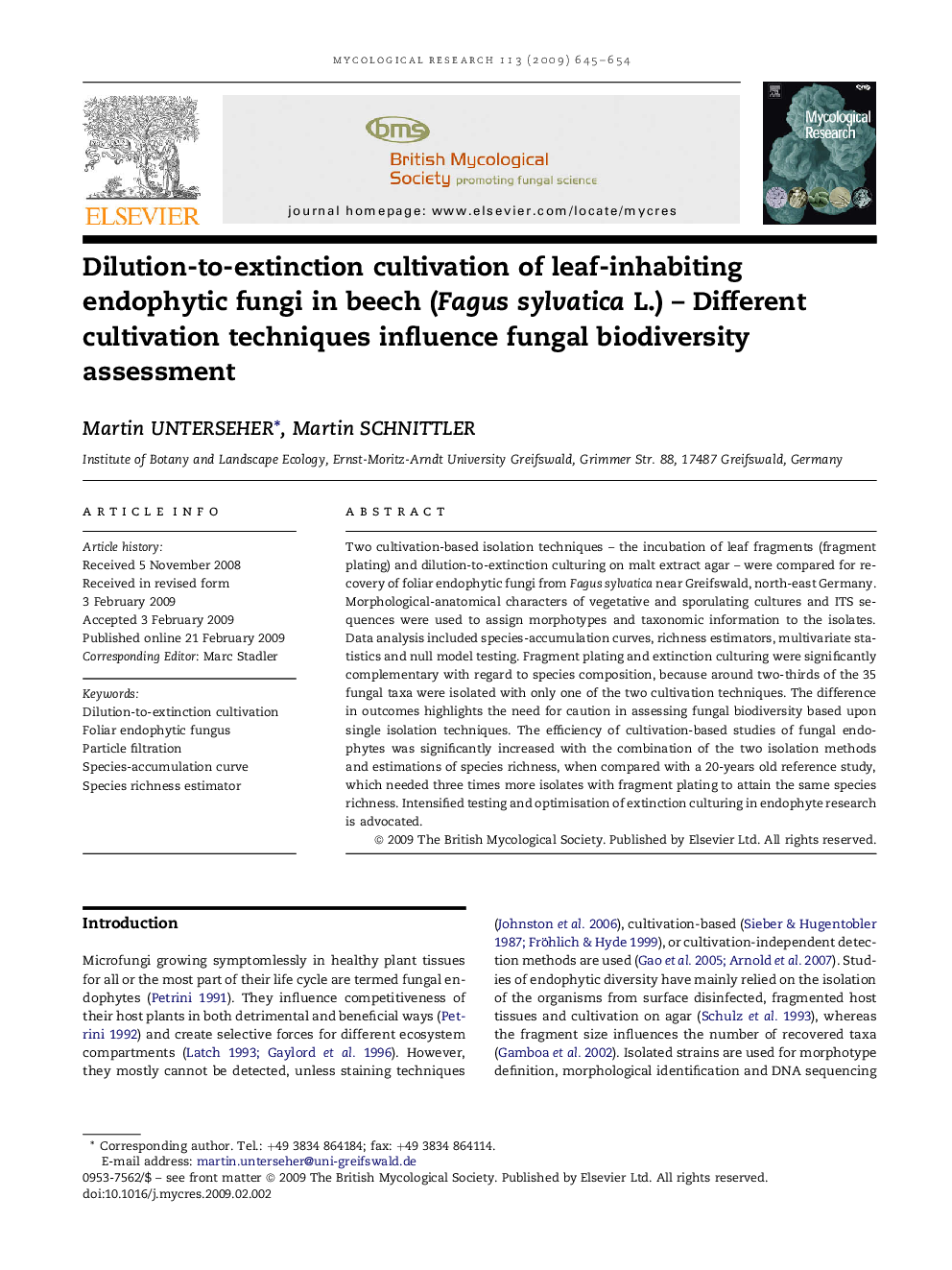 Dilution-to-extinction cultivation of leaf-inhabiting endophytic fungi in beech (Fagus sylvatica L.) – Different cultivation techniques influence fungal biodiversity assessment