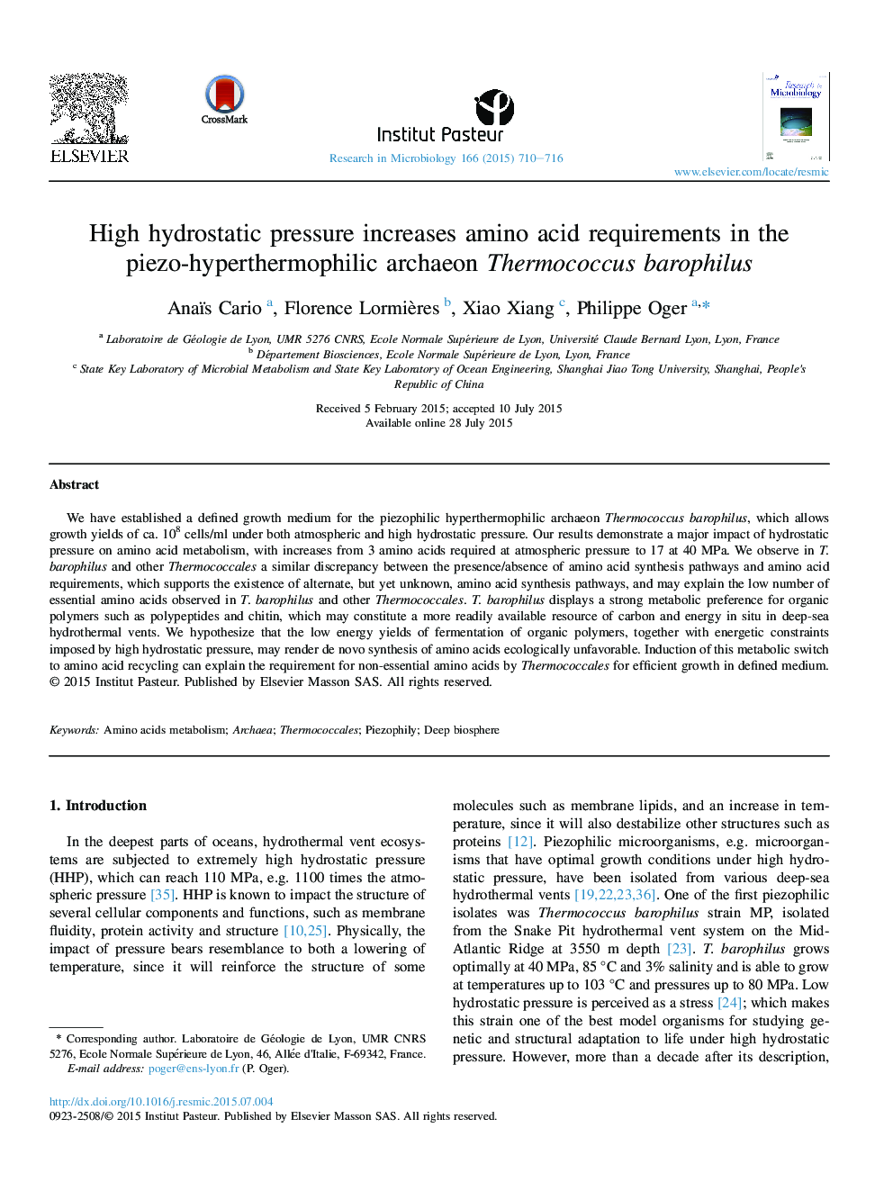 High hydrostatic pressure increases amino acid requirements in the piezo-hyperthermophilic archaeon Thermococcus barophilus