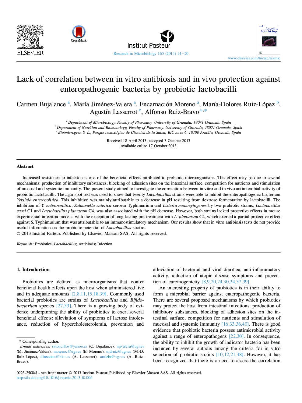 Lack of correlation between inÂ vitro antibiosis and inÂ vivo protection against enteropathogenic bacteria by probiotic lactobacilli