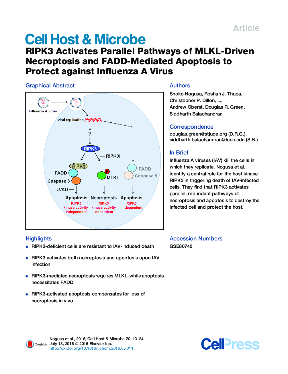 RIPK3 Activates Parallel Pathways of MLKL-Driven Necroptosis and FADD-Mediated Apoptosis to Protect against Influenza A Virus