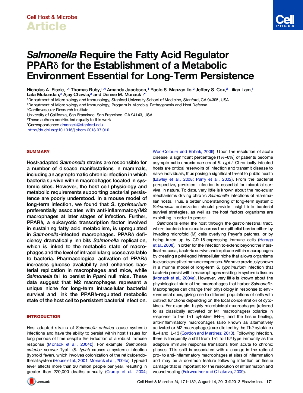 Salmonella Require the Fatty Acid Regulator PPARδ for the Establishment of a Metabolic Environment Essential for Long-Term Persistence