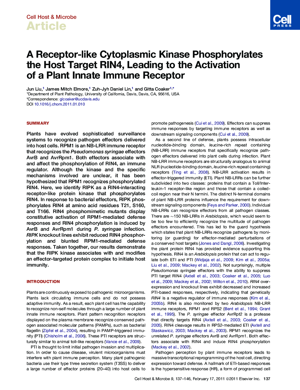 A Receptor-like Cytoplasmic Kinase Phosphorylates the Host Target RIN4, Leading to the Activation of a Plant Innate Immune Receptor