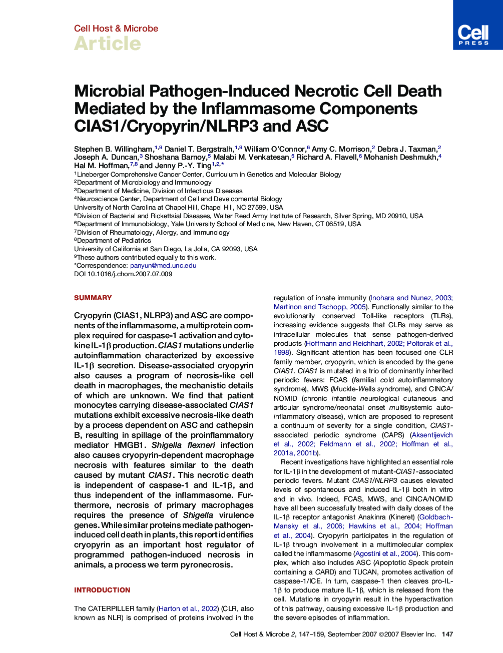 Microbial Pathogen-Induced Necrotic Cell Death Mediated by the Inflammasome Components CIAS1/Cryopyrin/NLRP3 and ASC