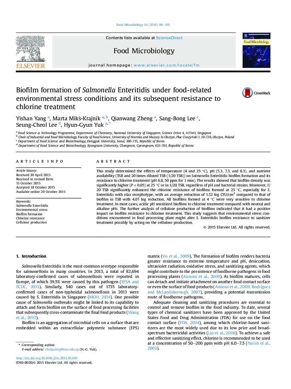 Biofilm formation of Salmonella Enteritidis under food-related environmental stress conditions and its subsequent resistance to chlorine treatment