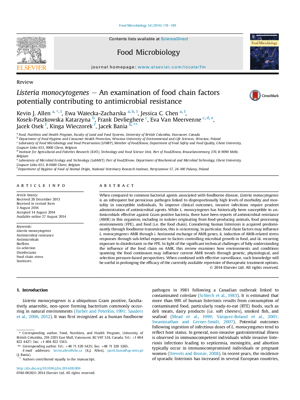 Listeria monocytogenes – An examination of food chain factors potentially contributing to antimicrobial resistance