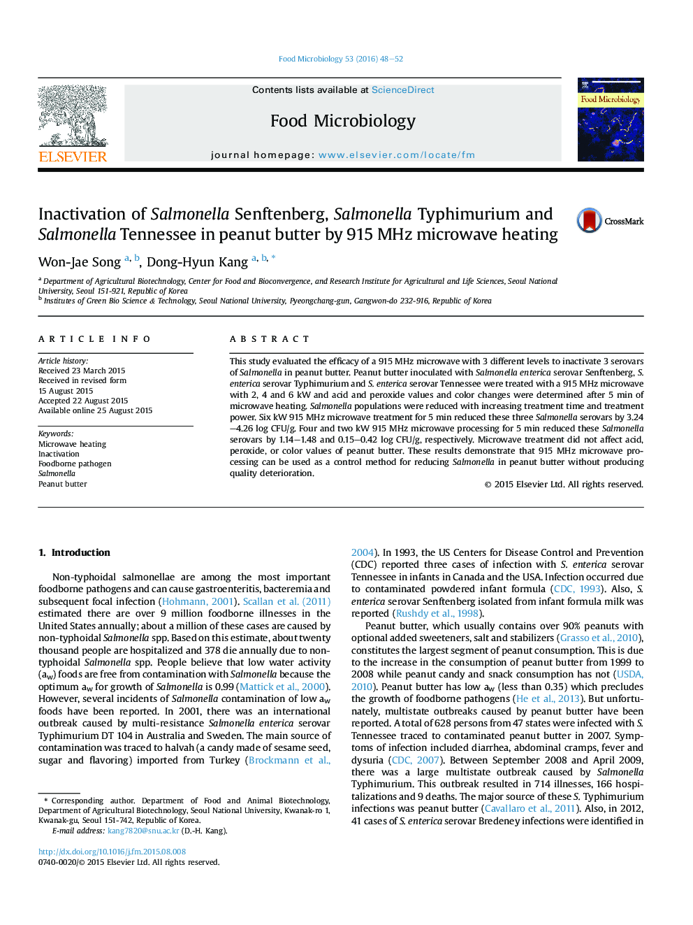 Inactivation of Salmonella Senftenberg, Salmonella Typhimurium and Salmonella Tennessee in peanut butter by 915 MHz microwave heating