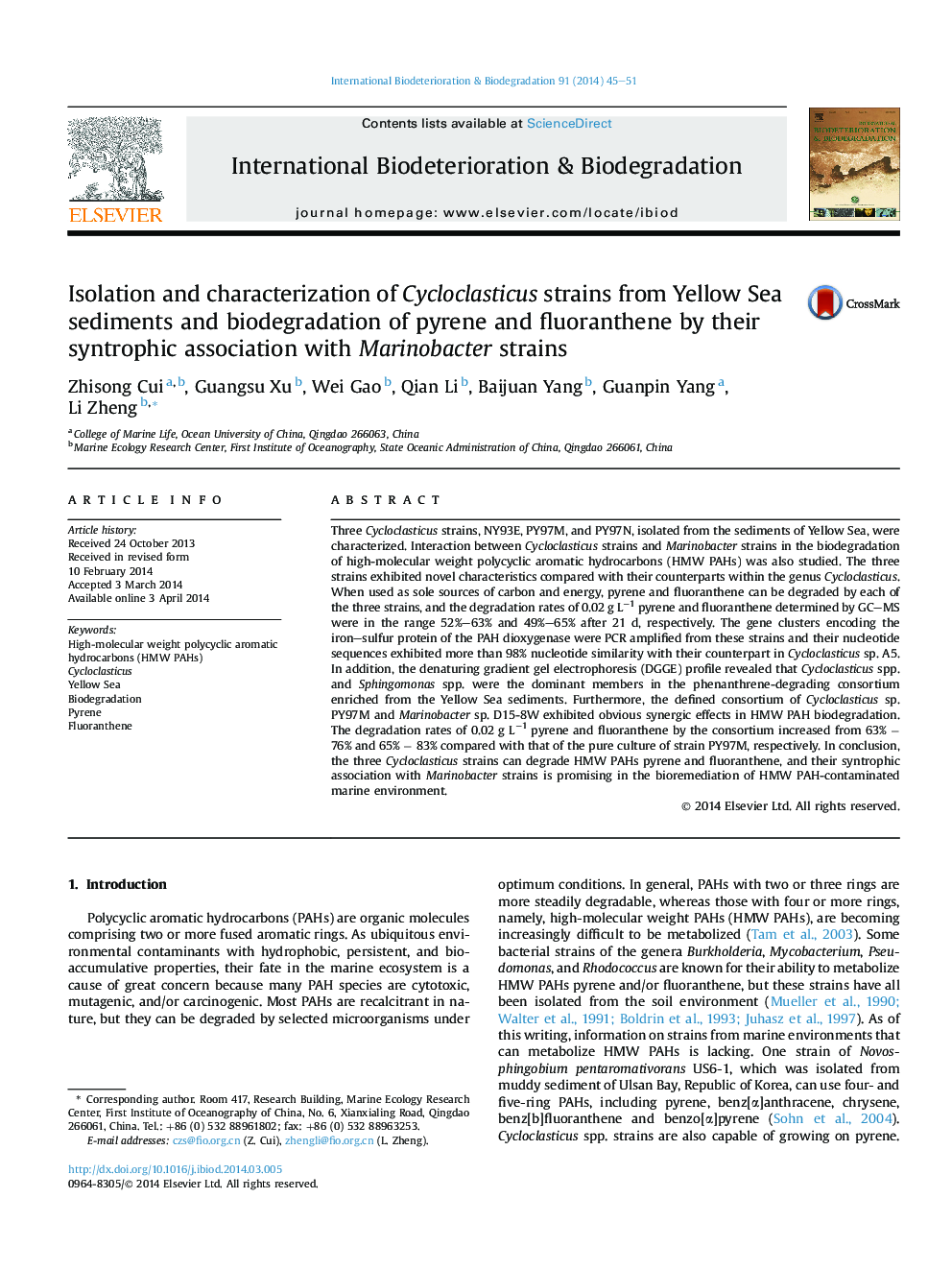 Isolation and characterization of Cycloclasticus strains from Yellow Sea sediments and biodegradation of pyrene and fluoranthene by their syntrophic association with Marinobacter strains