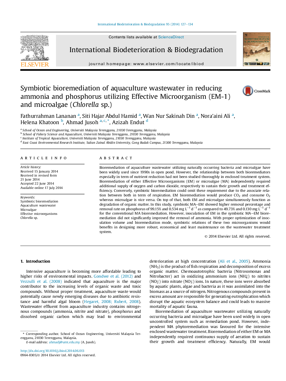 Symbiotic bioremediation of aquaculture wastewater in reducing ammonia and phosphorus utilizing Effective Microorganism (EM-1) and microalgae (Chlorella sp.)