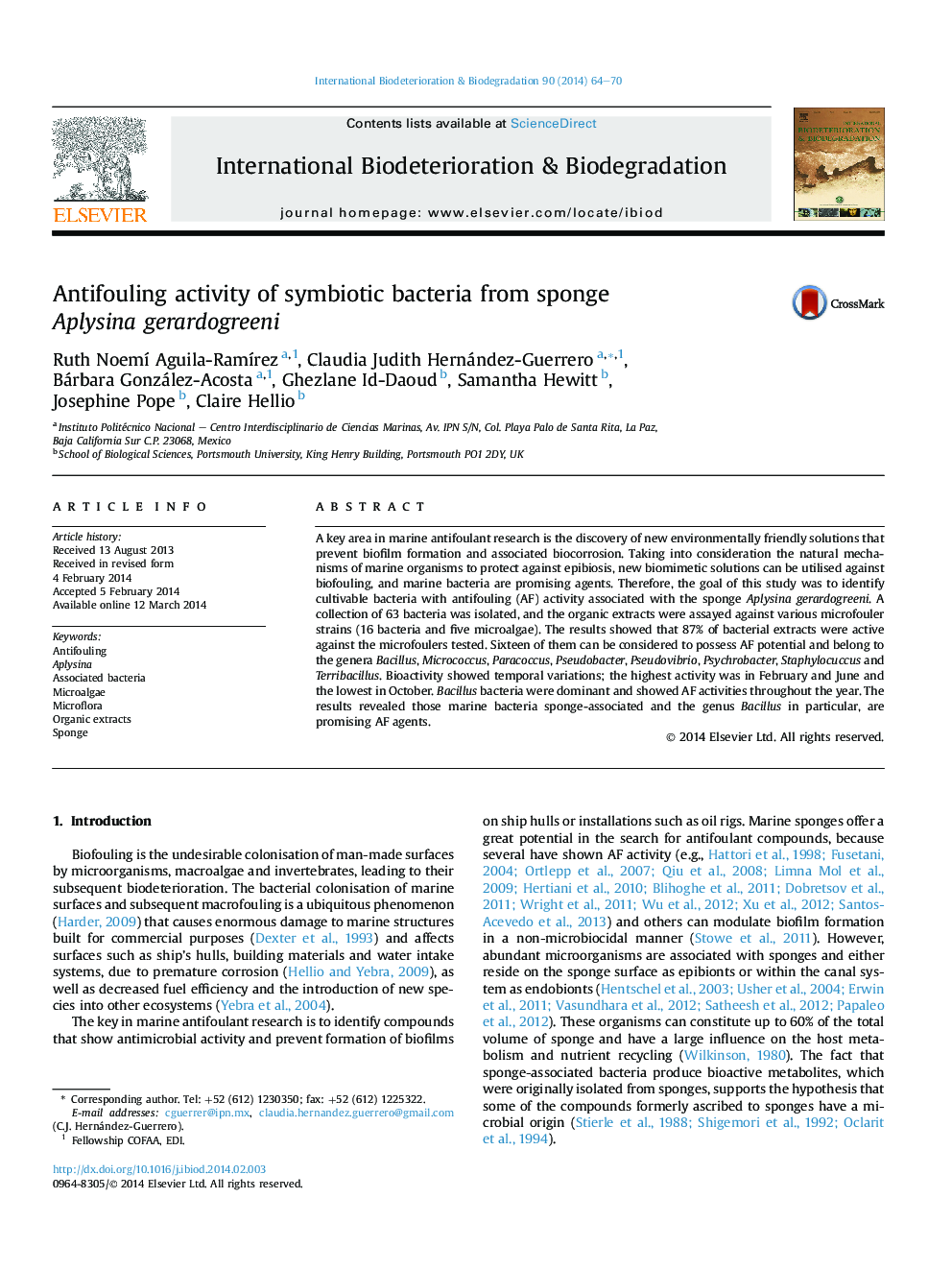 Antifouling activity of symbiotic bacteria from sponge Aplysina gerardogreeni
